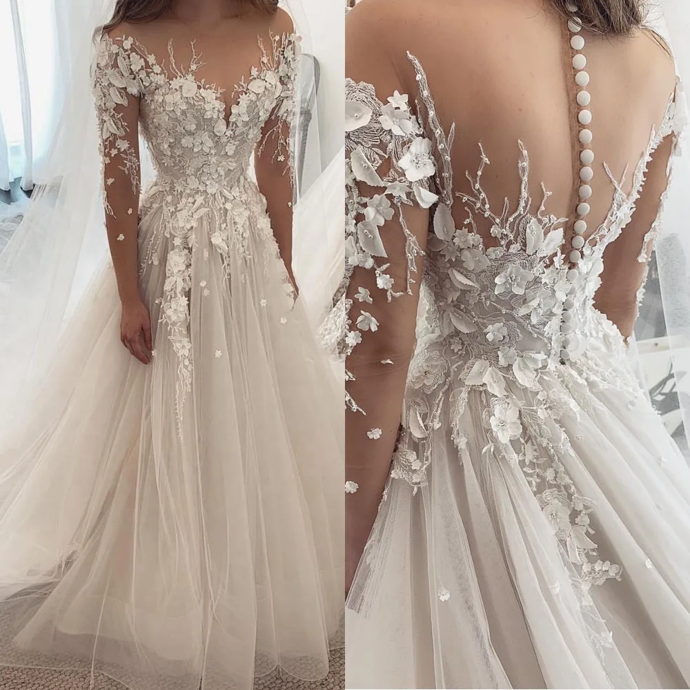 

Illusion 3D Flower Vintage Wedding Dress Bridal Gown Long Sleeve 2021 New Tulle Lace Wedding Gown Vestido De Noiva Brautkleider