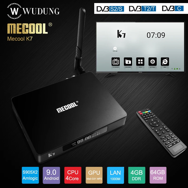 Mecool K7 ТВ коробка Android 9 0 S905X2 4G DDR4 64G DVB-T2/S2/C Amlogic 4K 2 5G WI-FI 1000 Мбит/с Set top TV Box