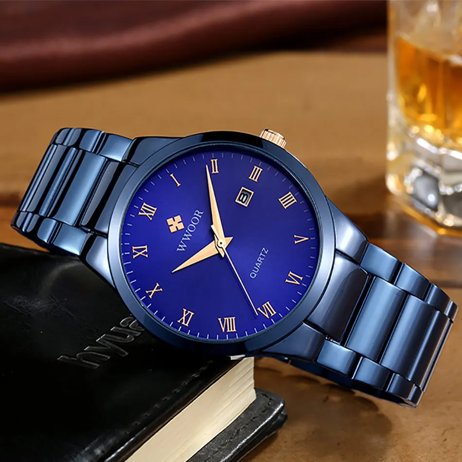 WWOOR Men Watch Top Luxury Blue Stainless Steel Waterproof Watches Casual Sports Quartz Date Clock Wristwatch Male+Gift box
