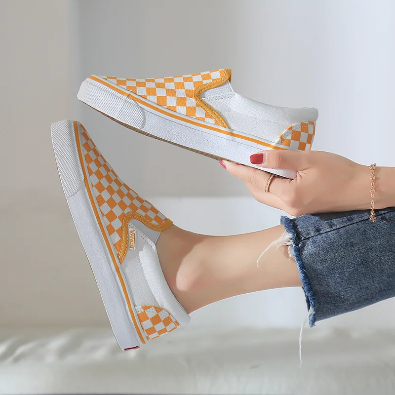 Mhysa Spring Women Vulcanize Shoes Canvas Shoes Slip On Breathable One foot lazy shoes Shallow Plaid Casual Shoes L369