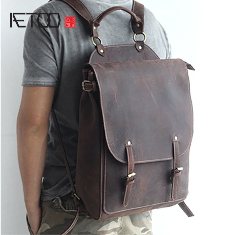 

AETOO New front cowhide retro leather shoulder bag men outdoor travel backpack Europe and the United States crazy horse leather