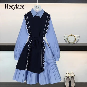 

beading women sweet korean autumn winter sleeveless vest sweaters and single breasted high waist ruffles shirt dress sets office