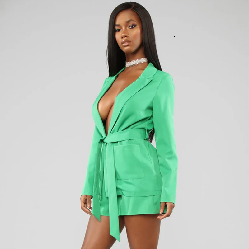 COSYGAL куртка+ шорты, Женский комплект 2 шт., зеленый пояс, на шнуровке, комплект из двух частей, Клубные комбинезоны, сексуальная летняя одежда для женщин