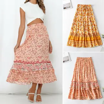 

Fashion Women High Waist Floral Printed Skirts Ladies Casual Maxi Dress Sundress
