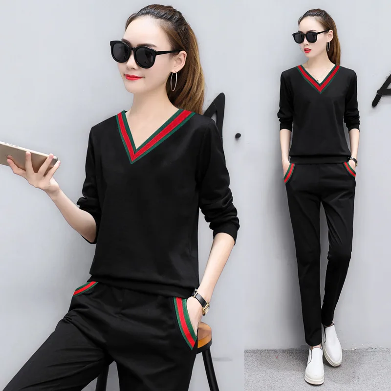 

6298 Photo Shoot (6535% Cotton) Korean-style Spring And Autumn New Style Slimming Hoodie Suit Women's Long-Sleeve V-neck Two-Pie