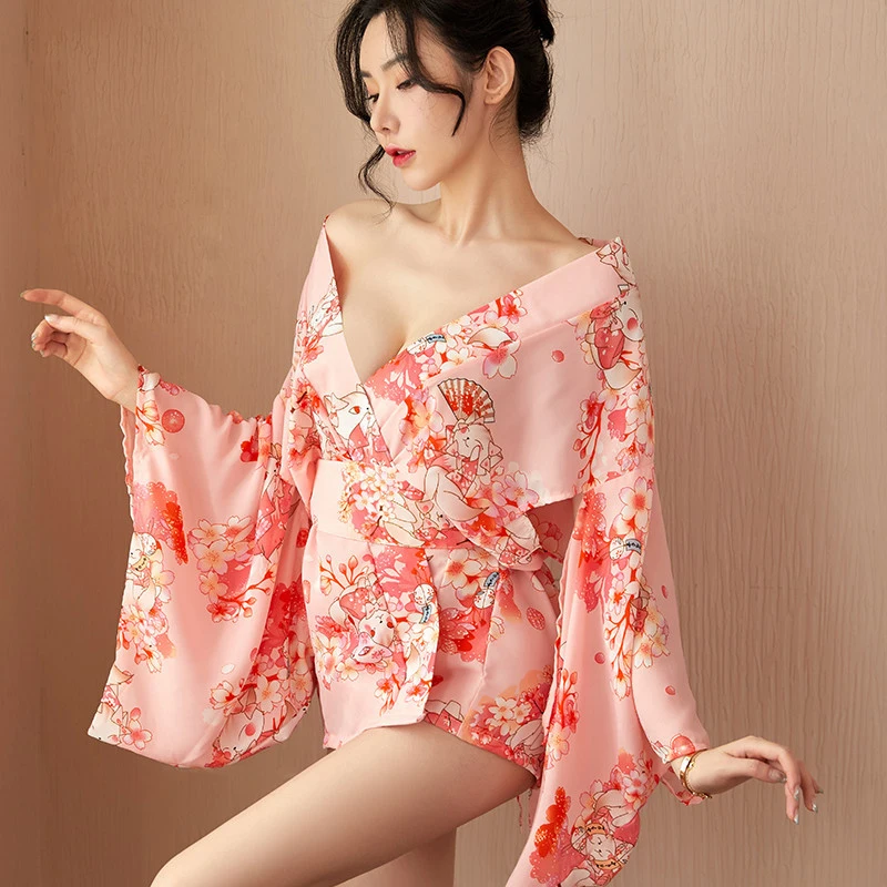Japanese Kawaii Kimono Sakura Print Short Belt with Bow Sexy Cosplay Women Raditional Style Robe Yukata Outfit Tradition
