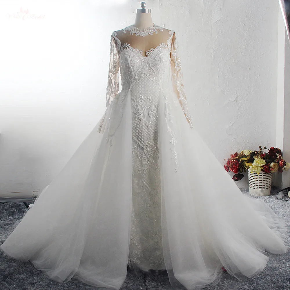 

RSW1578 2 In 1 Detachable Train Bridal Dress Long Sleeves High Necklin Illusion Back Pearls Beaded Mermaid African Wedding Gowns