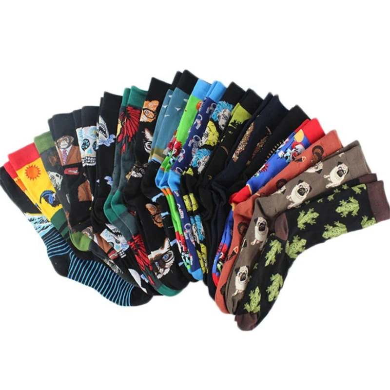 Cartoon Cotton Sock Men Fashion Retro Painting Clown Monkey Skull Cat Print Mid Mens Socks New Arrival Novelty Funny Crazy Sock