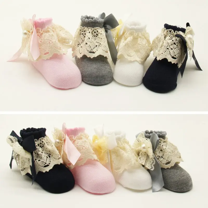 1 пара кружевных носков с цветочным рисунком для малышей милые хлопковые носки принцессы с бантиками для маленьких девочек носки для девочек от 0 до 12 месяцев