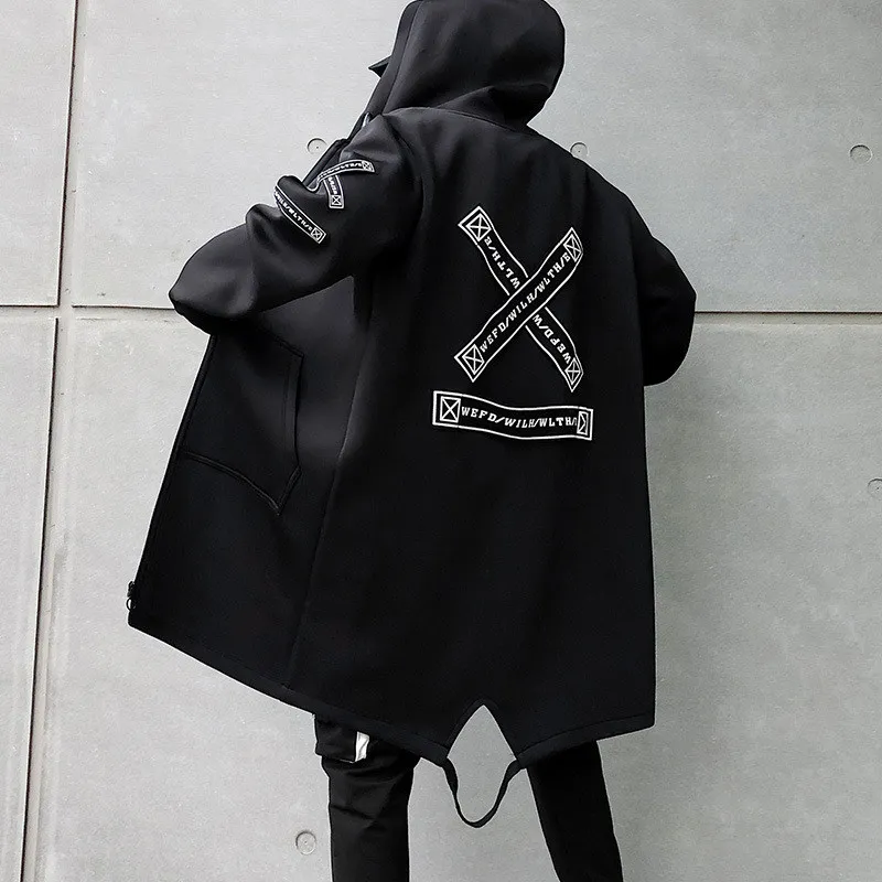 Длинные куртки для мужчин с принтом мода 2019 Весна Harajuku ветровка пальто Мужская
