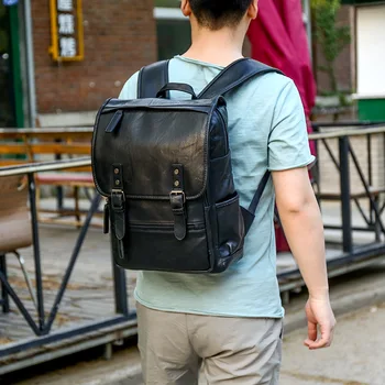 

2020 New Fashion Trend Mens Retro Black Leather Backpack Travel Casual Bags Laptop School Creative Shoulders Large Capacity