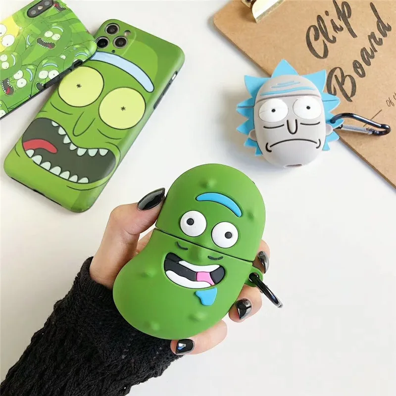 

Case for Apple Airpods 1 2 Earphone Protective Silicone Drop Proof Headset Creative Cover with Keychain Rick and Morty Cucumber
