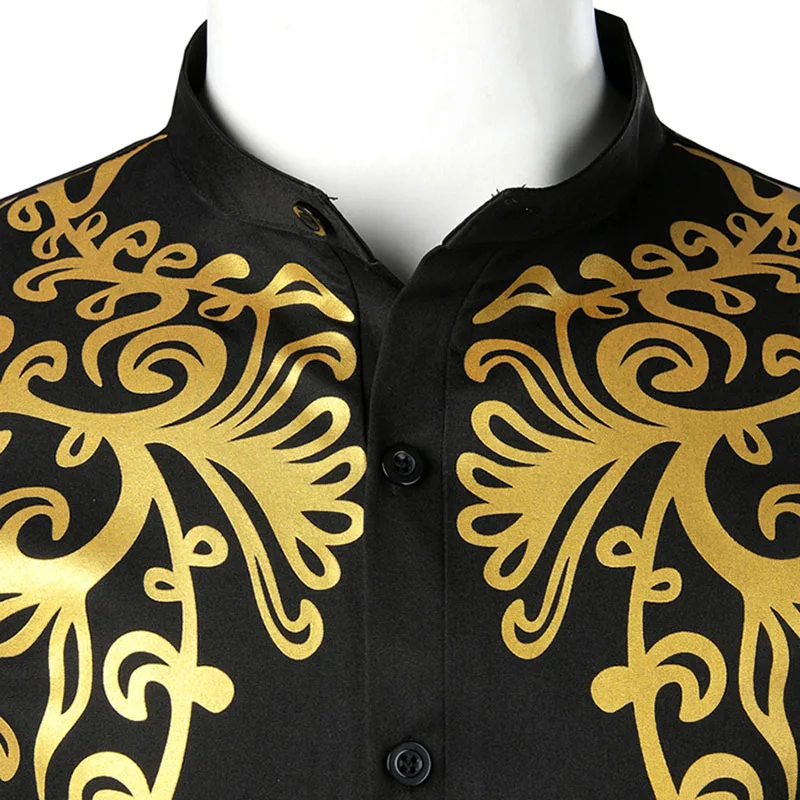 African Golden Polished Dress Shirts Long Tunic Mens Fashion Print Button Up Bridegroom Top Stand Collar Clothes Black Plus Size