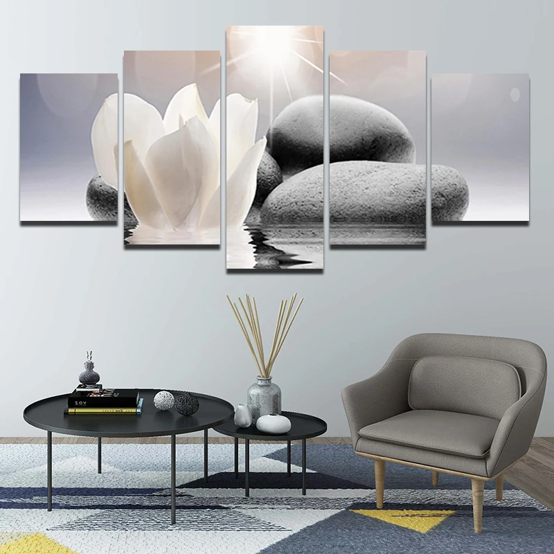 

Conbination Picture 5 Pieces Canvas Painting White Lotus Wall Art Poster and Print for Living Room Decor