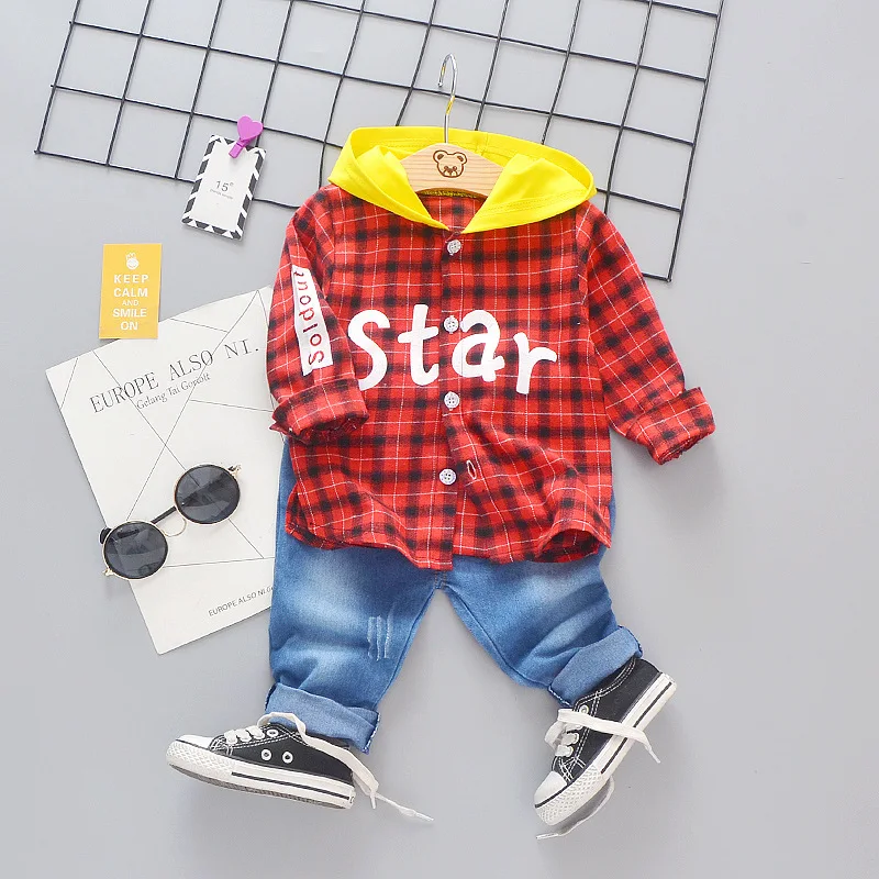 

2019 Children New Style Children Long Sleeve English Plaid Set INS Hooded Two-Piece Set