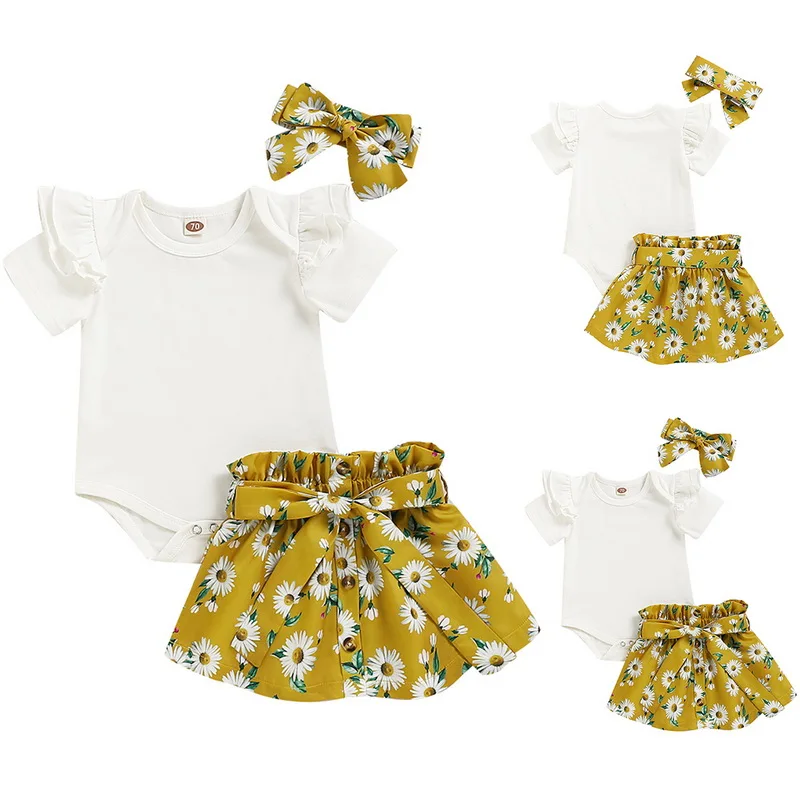 Fabal Baby Girls Beautiful Solid Ruffles Lace Tops Skirts Shorts Set 3Pcs Clothing Outfits Tops+Shorts+Skirts