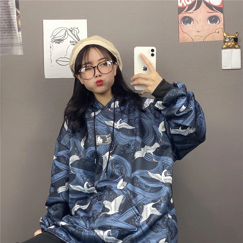 Худи женское с капюшоном укиё-э кимоно принтом журавля в японском стиле