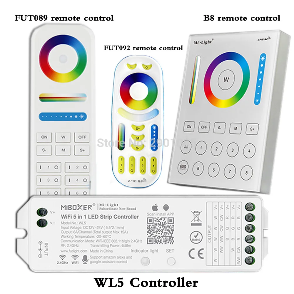 WL5 Wifi 5 in 1 Led Controller For RGBW RGB+CCT led strip light;2.4G Hz Remote:FUT092,8 Zone FUT089,B8 Wall-mounted Touch Panel