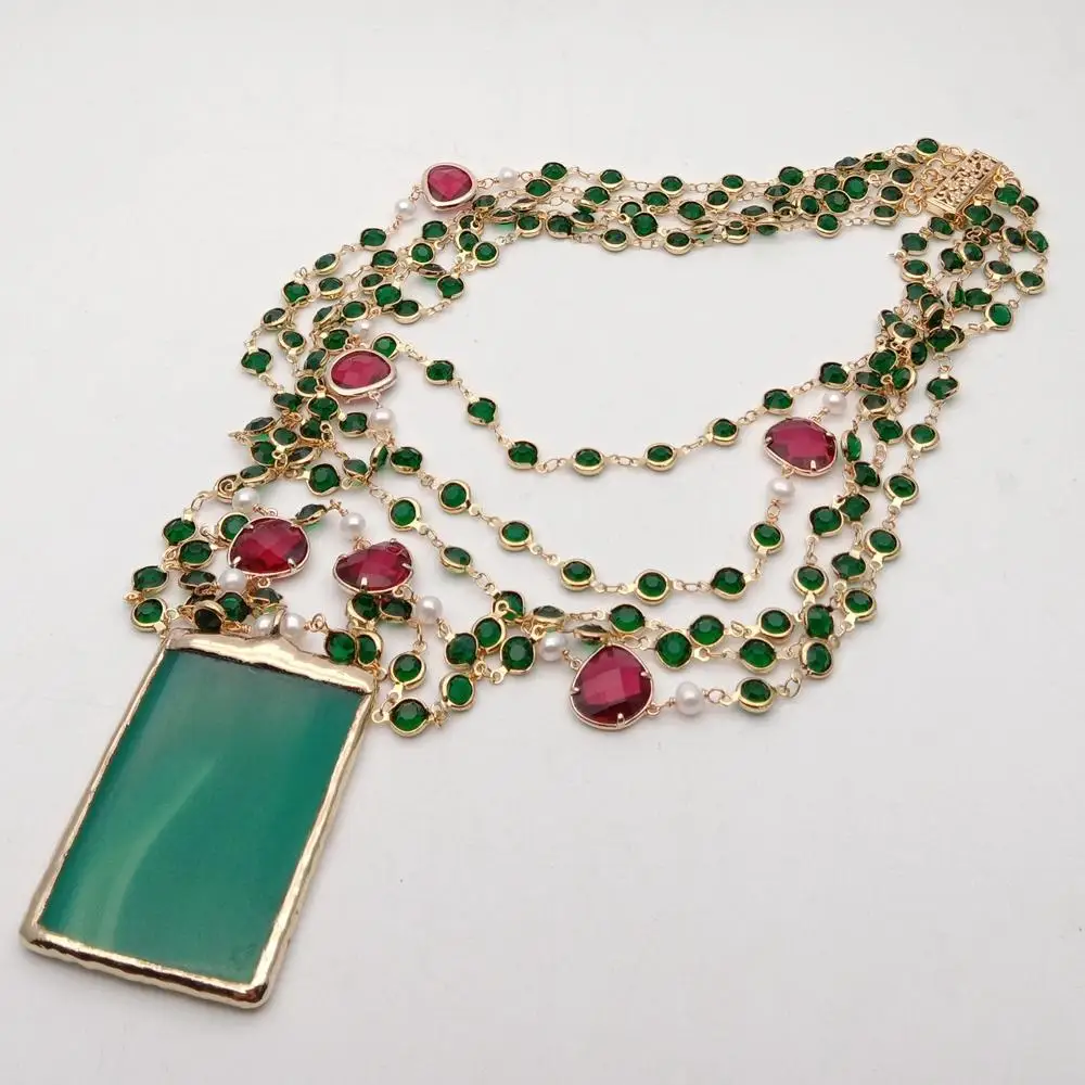 YYGEM Green Agate Pendant 5 Strands 18'' White Pearl Green red Crystal Chain Necklace handmade vintage party style pendant necklace