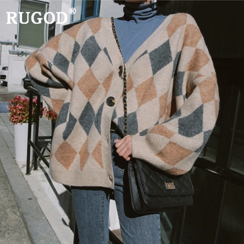 RUGOD, винтажные Модные женские рождественские кардиганы, клетчатые повседневные женские свитера с v-образным вырезом, вязанная зимняя одежда, pull femme hiver