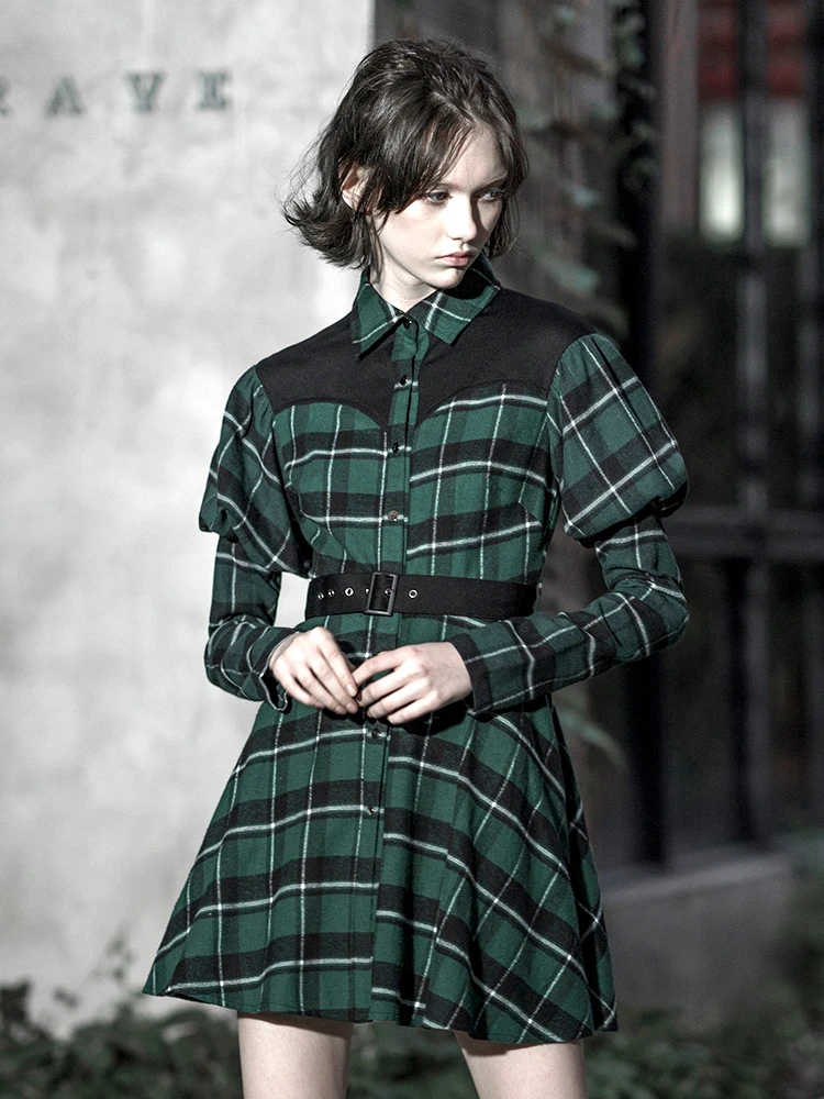 Green plaid dress women Clearance
