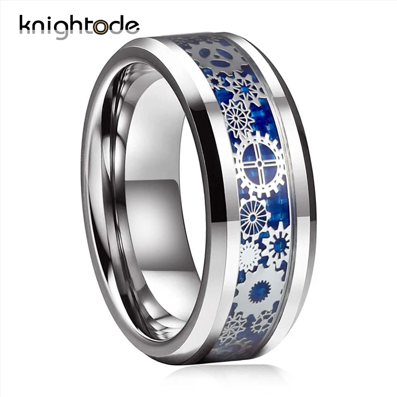 

Men Women Wedding Band Mechanical Gear Wheel Tungsten Steel Ring Beveled Edges With Blue Carbon Fiber Inlay Finger Jewelry