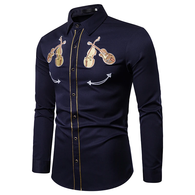 Мужская ковбойская рубашка с вышивкой скрипки в западном стиле, повседневные рубашки на пуговицах, приталенные вечерние рубашки с длинным рукавом - Цвет: Тёмно-синий