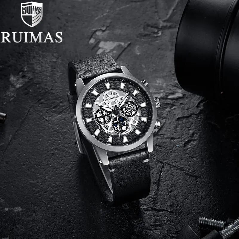 Relogio Masculino Automatico Ruimas автоматические часы для мужчин подарки светящиеся водонепроницаемые кожаный ремешок механические часы 6768