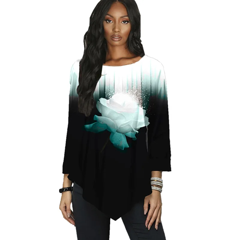 

Women Flower Printed Tee shirt Casual Long-Sleeve Oversized T shirt 2020 Spring Lady Cotton Irregular T-shirts Plus Size S-5XL