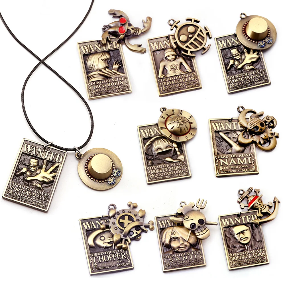 

New Anime ONE PIECE Wanted Pendant Necklace Luffy Zoro Nami Usopp Sanji Chopper Robin Alloy Necklaces for Men Women Cosplay