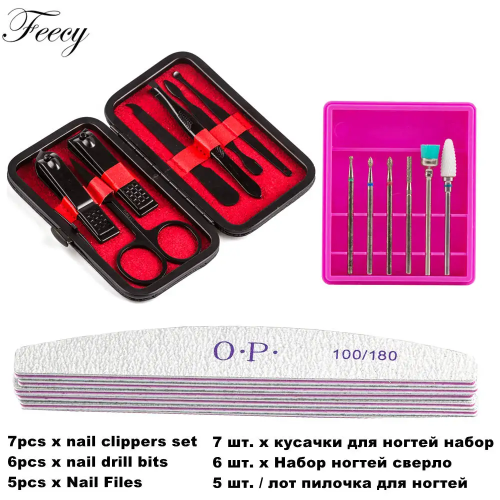 NC07 Red Set A Кусачки для ногтей из нержавеющей стали, ножницы для педикюра, пинцет, маникюрный набор, набор керамических фрез, 100/180 пилочка для ногтей, шлифовальный буфер - Цвет: NC07 Red Set A