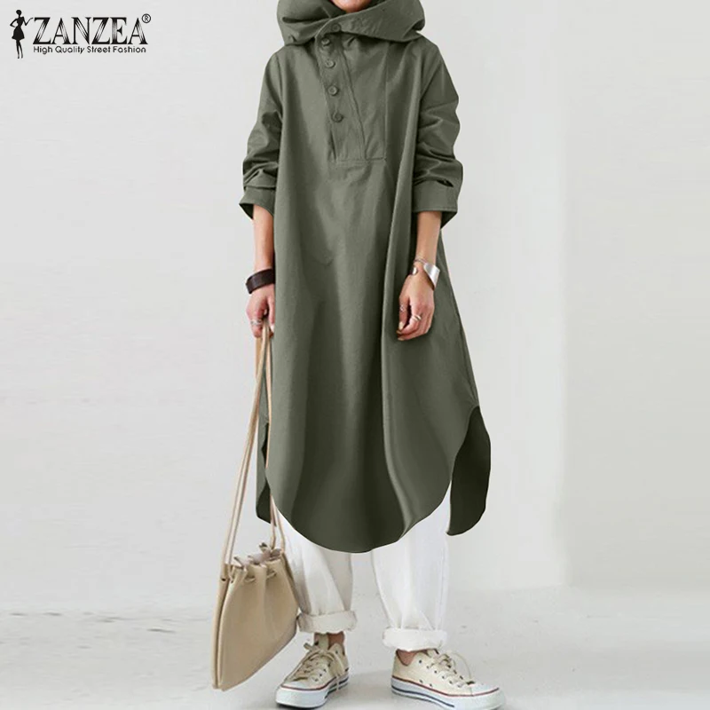 Shirt Dress Robe Hoodies Kaftan Long-Sleeve Autumn Women Fashion Plus-Size Buttons Vestidos