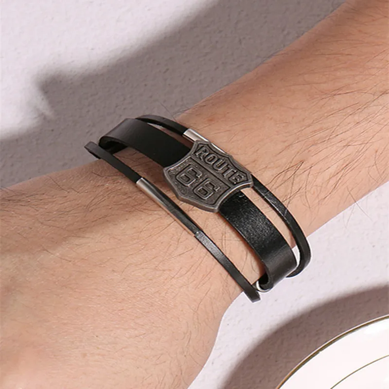 Route 66 Retro Leather Men's Wrist Bracelet Black Cuffs Pulse Wristband Men Accessories Festival Gift leather bracelet leather bangle