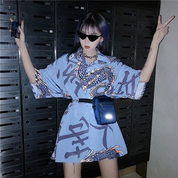 

Women Short Sleeve Harajuku Print Loose Tops And Blouses Ladies Streetwear Casual Turn-Down Collar Kimono Shirts Blusas Mujer