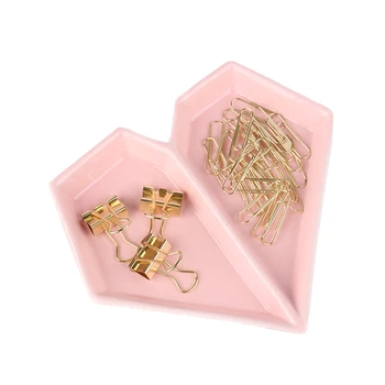 

Pink Heart Jewelry Tray Ceramic Ring Dish Trinket Holder with Golden Paper Binder Clips Gift Set for Office Home Accessories