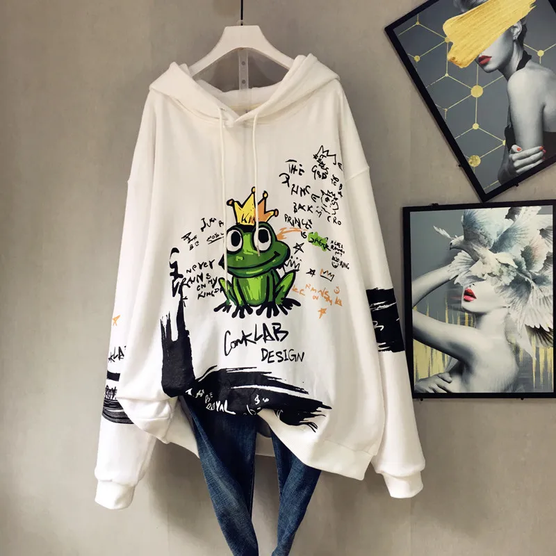 Autumn& Winter New Arrival Hooded Drawstring Sweatshirt Loose Frog Print Hip Hop Wild Sweatshirt Plus Size Free Shipping - Цвет: Белый
