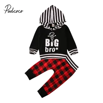 

Pudcoco Christmas Outfits for Newborns Kid Baby Boy Big Bro Hooded Sweatshirts Tops Scotland Plaid Pants Winter Clothes