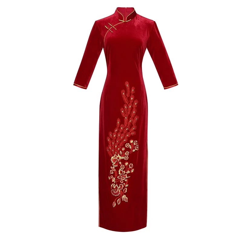Фиолетовые сексуальные велюровые Длинные Cheongsam с цветочной вышивкой женские весенние вечерние платья в китайском стиле с воротником-стойкой Qipao - Цвет: Красный