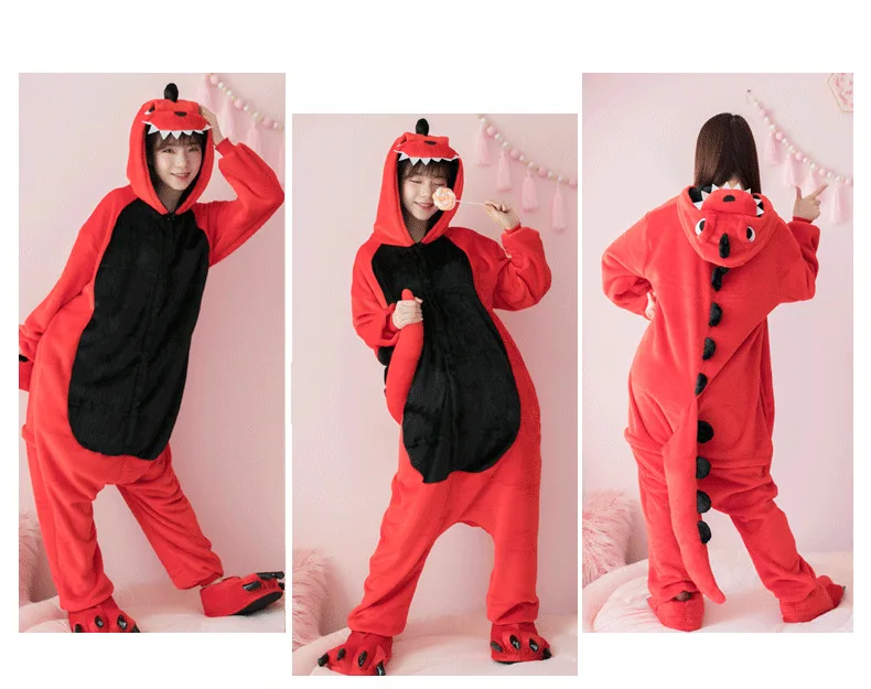 Woman Dinosaur Kigurumi Onesies Costumes Adult kids Hooded animal cartoon pajamas red Dinosaur home lovers long sleeve Jumpsuits