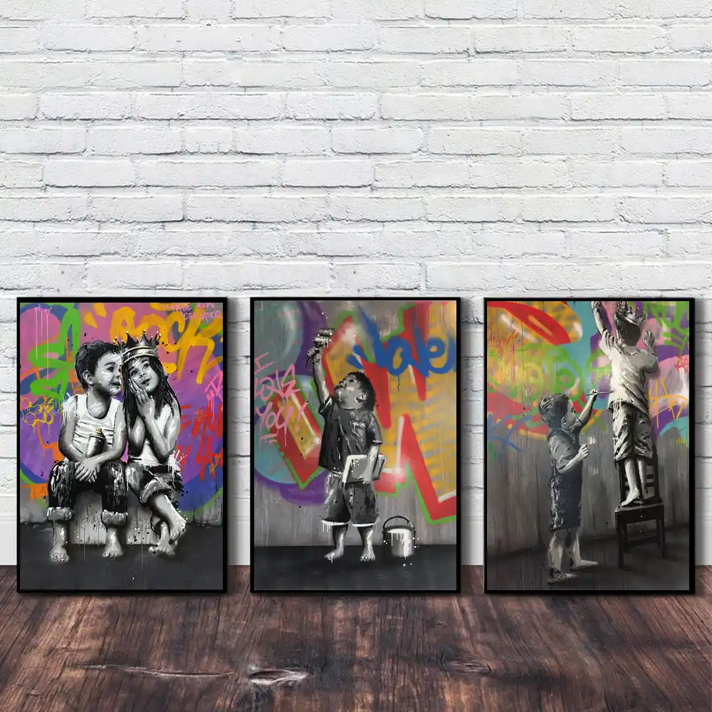 Cuadro De Retrato Lienzo Pintura Ninos Nino Pared Arte Graffiti