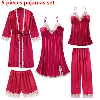 

Women 5 pcs Suit Ladies Sexy Silk Satin Pajama Set Female Lace Pyjama Set Sleepwear Autumn Winter Home Wear nightwear