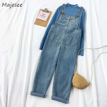 

Jumpsuits Women Denim Blue Solid Harajuku Kawaii Loose Cute Student Girls All-match Overalls Womens Trousers Korean Style Casual
