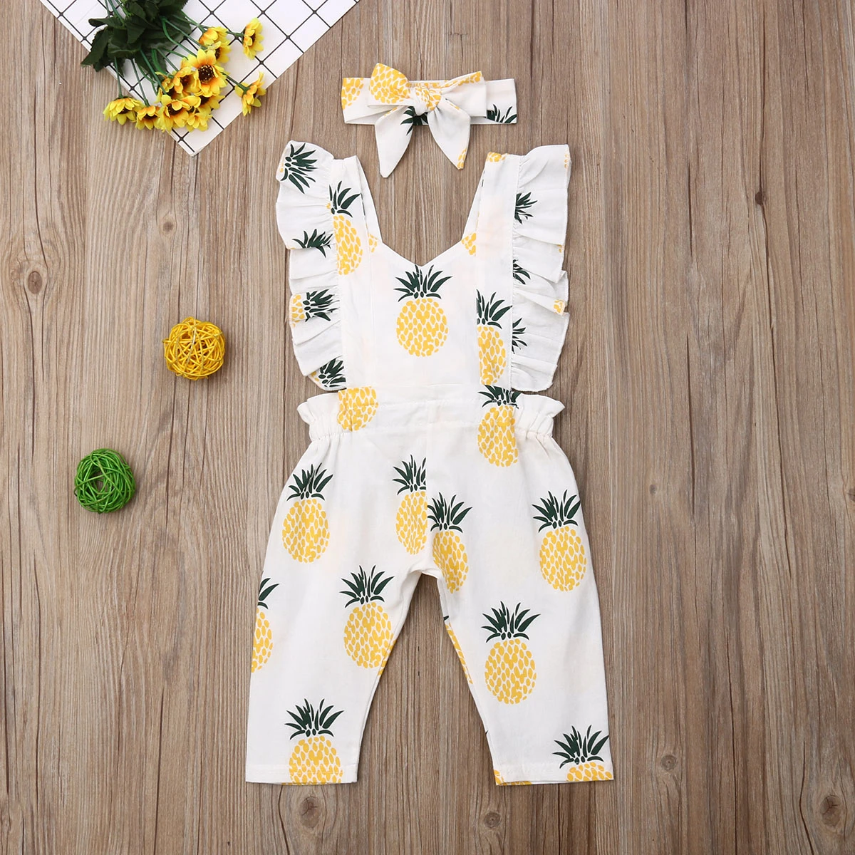 New Baby Girls Clothes Newborn Jumpsuits Toddler Sleeveless Ruffle Pineapple Printed Romper Headband Infant Outfits Clothing Baby Clothing Set for girl