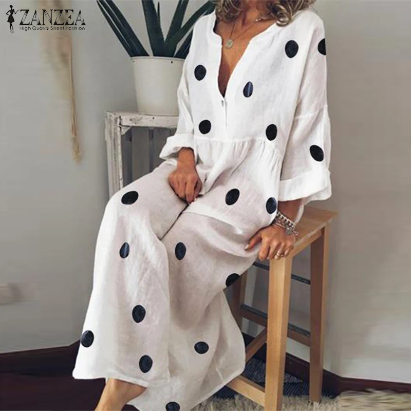 

2019 ZANZEA Women V Neck Polka Dot Long Dress Autumn Long Sleeve Casual Loose Sundress Femme Robe Party Vestido Elegant Dresses