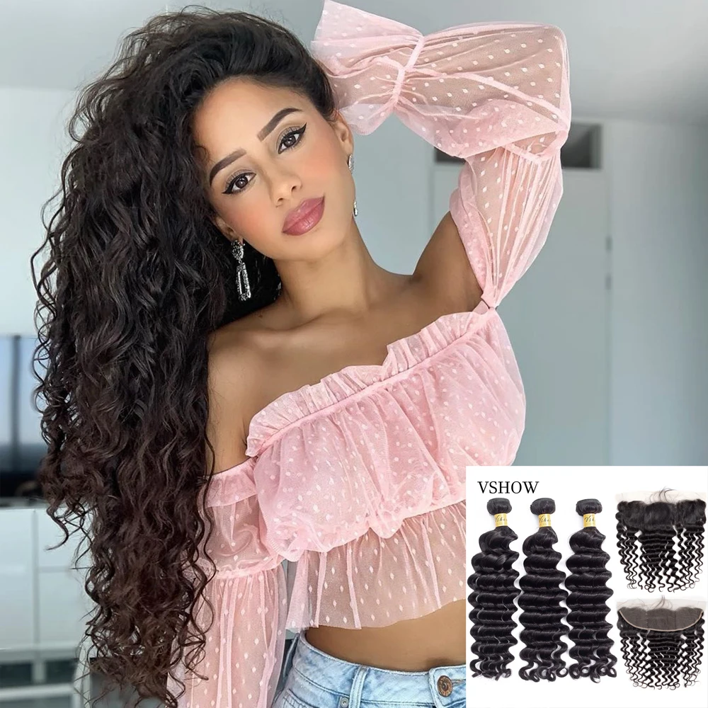VSHOW бразильские свободные волнистые волосы Remy пряди с застежкой спереди 13x4