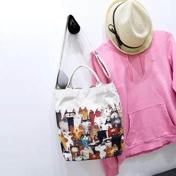 

Aelicy luxury Women Tote Shopping bag Canvas Cartoon Cats Printing Shoulder Beach Bags Casual Female Handbag female casual#F