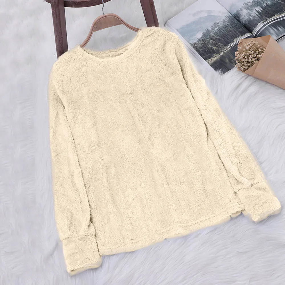 JAYCOSIN Fashion Women Artificial Wool Plush Sweatshirt Casual Simple Long Sleeve Solid Color Comfortable Pullover Blouse Top