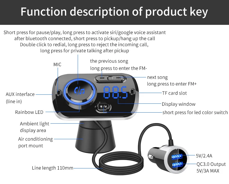 Автомобильный fm-передатчик, беспроводной Bluetooth 5,0, гарнитура, автомобильный комплект, lcd MP3 плеер, USB, быстрая зарядка, 3,0, автомобильные аксессуары, FM модулятор