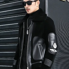 Новая шерстяная куртка с мехом Мужская овечья стрижка зимняя мотоциклетная Меховая куртка с натуральным мехом пальто мужское