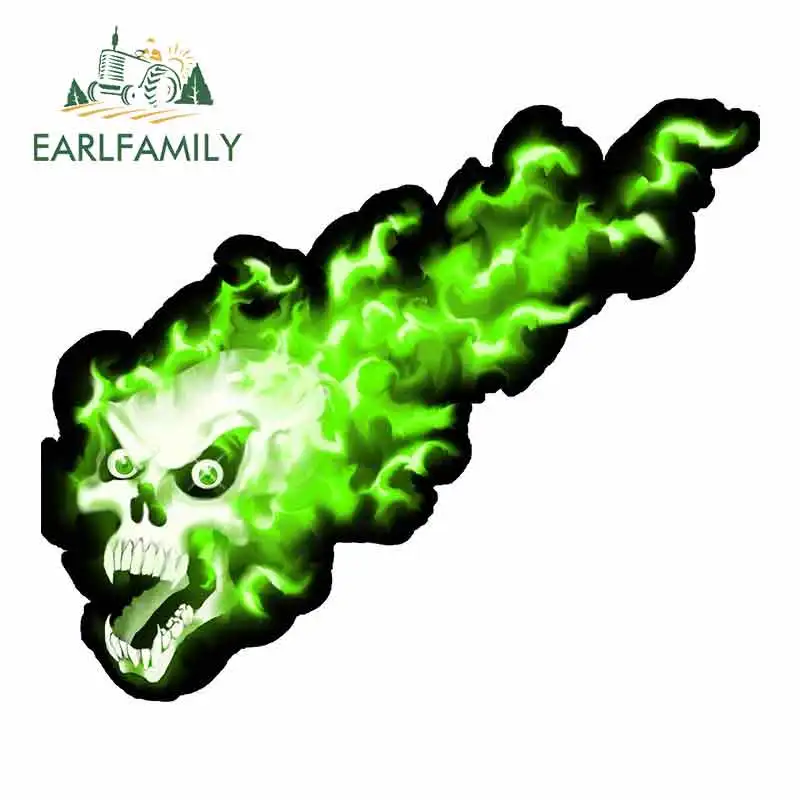 

EARLFAMILY 13cm x 11.3cm for Green Flaming Skull Cartoon Car Stickers Vinyl JDM Bumper Trunk Truck Graphics Waterproof Anime